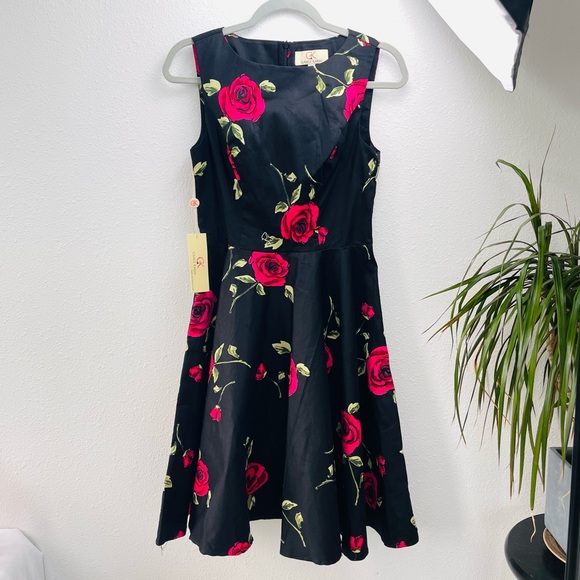 Grace Karin Dresses & Skirts - Grace Karin pink roses floral dress in black color scoop neck bouffant circular